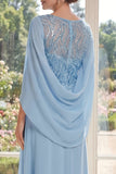 Light Blue Chiffon Sheath Long Mother Of the Bride Dress with Sequins