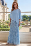 Elegant Light Blue Sheath Sequins Long Mother Of the Bride Dress with Cape
