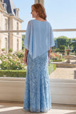 Elegant Light Blue Sheath Sequins Long Mother Of the Bride Dress with Cape