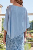 Elegant Light Blue Sheath Sequins Long Mother Of the Bride Dress with Cape
