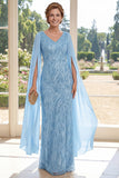 Light Blue Sheath Sequins V-Neck Long Mother Of the Bride Dress with Cape Sleeves