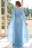 Light Blue Sheath Sequins V-Neck Long Mother Of the Bride Dress with Cape Sleeves