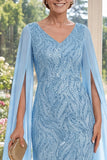 Light Blue Sheath Sequins V-Neck Long Mother Of the Bride Dress with Cape Sleeves