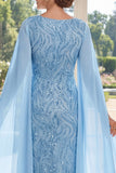 Light Blue Sheath Sequins V-Neck Long Mother Of the Bride Dress with Cape Sleeves