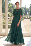 Dark Green A-Line Chiffon Long Mother Of the Bride Dress with Cape