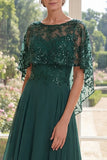 Dark Green A-Line Chiffon Long Mother Of the Bride Dress with Cape