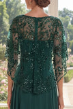 Dark Green A-Line Chiffon Long Mother Of the Bride Dress with Cape