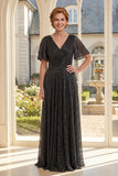 A-Line Black Pleated V-Neck Long Mother Of the Bride Dress with Flutter Sleeves