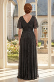 A-Line Black Pleated V-Neck Long Mother Of the Bride Dress with Flutter Sleeves
