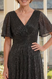 A-Line Black Pleated V-Neck Long Mother Of the Bride Dress with Flutter Sleeves