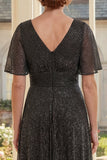 A-Line Black Pleated V-Neck Long Mother Of the Bride Dress with Flutter Sleeves