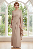 Champagne Chiffon Sheath Ruched Long Mother Of the Bride Dress with Side Cape