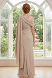 Champagne Chiffon Sheath Ruched Long Mother Of the Bride Dress with Side Cape