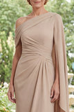 Champagne Chiffon Sheath Ruched Long Mother Of the Bride Dress with Side Cape