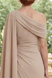 Champagne Chiffon Sheath Ruched Long Mother Of the Bride Dress with Side Cape