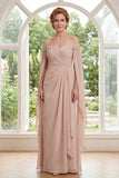 Champagne Off the Shoulder Ruched Chiffon Mother Of the Bride Dress with Cape Sleeves