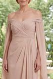 Champagne Off the Shoulder Ruched Chiffon Mother Of the Bride Dress with Cape Sleeves