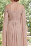 Champagne Off the Shoulder Ruched Chiffon Mother Of the Bride Dress with Cape Sleeves