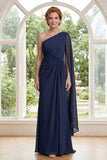 Navy One Shoulder Sheath Chiffon Mother Of the Bride Dress with Cape Sleeve