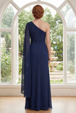 Navy One Shoulder Sheath Chiffon Mother Of the Bride Dress with Cape Sleeve