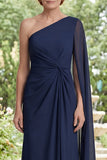 Navy One Shoulder Sheath Chiffon Mother Of the Bride Dress with Cape Sleeve