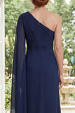 Navy One Shoulder Sheath Chiffon Mother Of the Bride Dress with Cape Sleeve