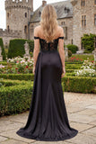 Black Off the Shoulder Satin Mermaid Long Prom Dress with Slit