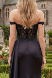 Black Off the Shoulder Satin Mermaid Long Prom Dress with Slit