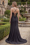 Black Mermaid Spaghetti Straps Lace Up Back Long Prom Dress with Slit
