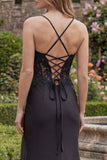Black Mermaid Spaghetti Straps Lace Up Back Long Prom Dress with Slit