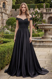 Black Off the Shoulder A-Line Back Keyhole Long Prom Dress