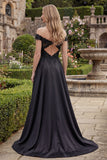Black Off the Shoulder A-Line Back Keyhole Long Prom Dress