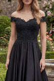 Black Off the Shoulder A-Line Back Keyhole Long Prom Dress