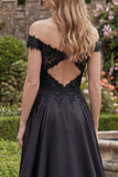Black Off the Shoulder A-Line Back Keyhole Long Prom Dress