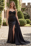 Black Mermaid Satin Appliqued Long Prom Dress with Slit