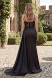 Black Mermaid Satin Appliqued Long Prom Dress with Slit