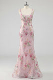 Pink Mermaid Square Neck Floral Long Prom Dress with Sequins