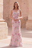 Pink Mermaid Square Neck Floral Long Prom Dress with Sequins