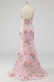 Pink Mermaid Square Neck Floral Long Prom Dress with Sequins