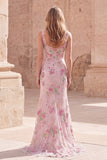 Pink Mermaid Square Neck Floral Long Prom Dress with Sequins