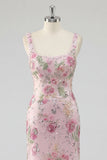 Pink Mermaid Square Neck Floral Long Prom Dress with Sequins