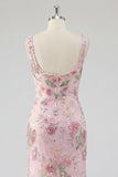 Pink Mermaid Square Neck Floral Long Prom Dress with Sequins