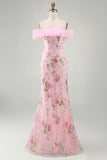 Off the Shoulder Pink Mermaid Sequin Long Prom Dress