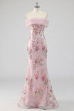 Off the Shoulder Pink Mermaid Sequin Long Prom Dress