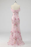Off the Shoulder Pink Mermaid Sequin Long Prom Dress