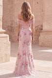 Off the Shoulder Pink Mermaid Sequin Long Prom Dress