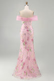 Off the Shoulder Pink Mermaid Sequin Long Prom Dress