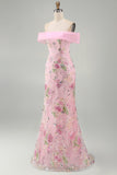 Off the Shoulder Pink Mermaid Sequin Long Prom Dress
