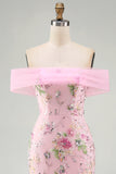 Off the Shoulder Pink Mermaid Sequin Long Prom Dress