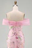 Off the Shoulder Pink Mermaid Sequin Long Prom Dress